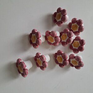 lot of 9 white pink ceramic flower-shaped cabinet knobs Pastel Red Eclectic
